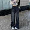 Women's High Rise Straight Leg Jeans Loose Fit Vintage Washed Black Gray Denim Trousers