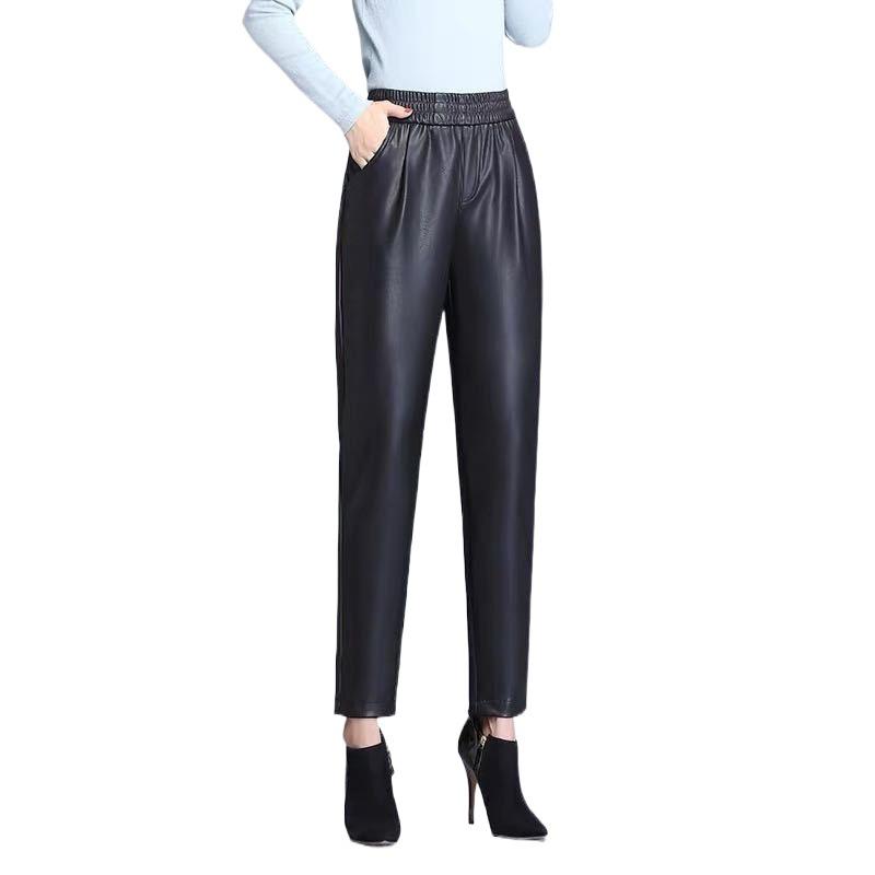 2023 Autumn/Winter Women's High-Waisted Plus Velvet Leather Harem Pants - Loose Wide-Leg, Cropped, Thickened