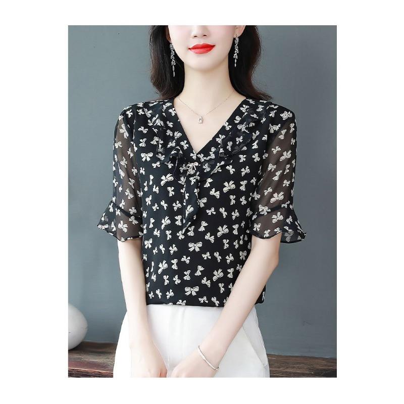 High-end Chiffon Shirt Fashionable Upscale Summer Loose Short-sleeved Top Elegant Dress Top