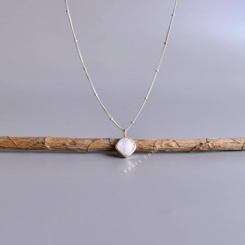 Natural Moonstone Elegant Necklace Sterling Silver Cushion-shaped Layering Necklace for Women Square Crystals Office Wear Simple Jewelry