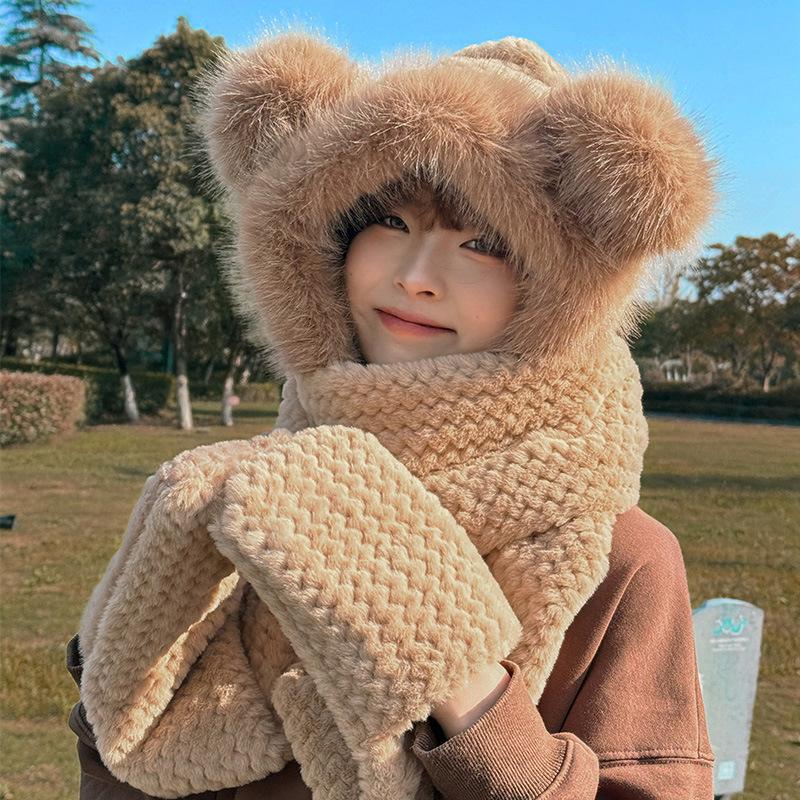 Hat thickened warm three-in-one women's winter new scarf gloves integrated fluffy cute bear three-piece set
