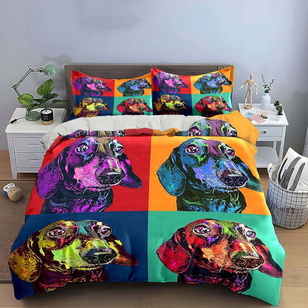 Colorful Pop Art Dog Pattern Bedding Duvet Cover Set Duvet Cover Pillowcases (1*Duvet Cover 2*Pillowcases, Without Duvet Insert)