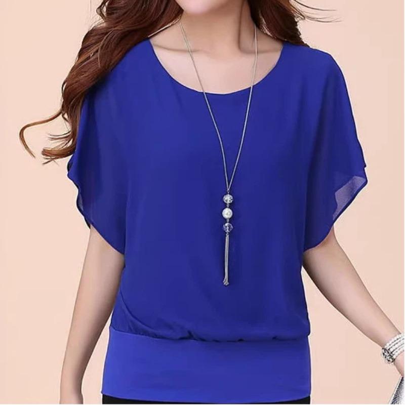 Nuovo Top Estivo da Donna in Chiffon con Maniche a Pipistrello, Scollo Rotondo, Casual, Elegante, alla Moda