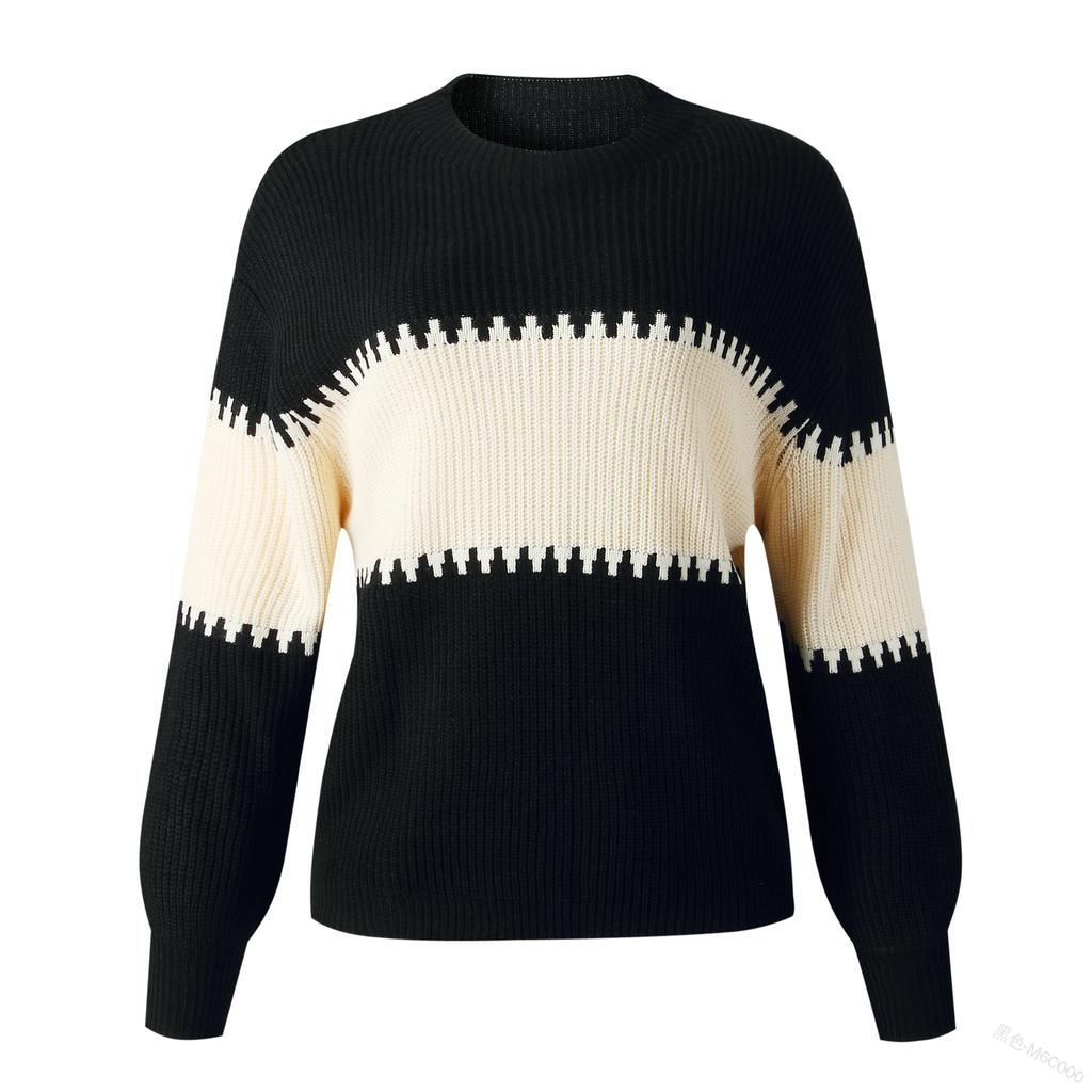 Contrast Colour Striped Knitted Sweater for Women Bell Sleeves Top Women's Round Neck Luxurious Relaxed-fit Slimming and Versatile Top