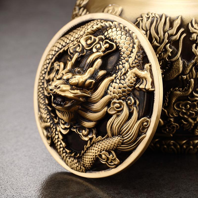 Brass High-end Nine Dragon Tea Leaf Canister Sealed Dry Goods Grain Storage Box Moisture-proof Storage Jar Ornament