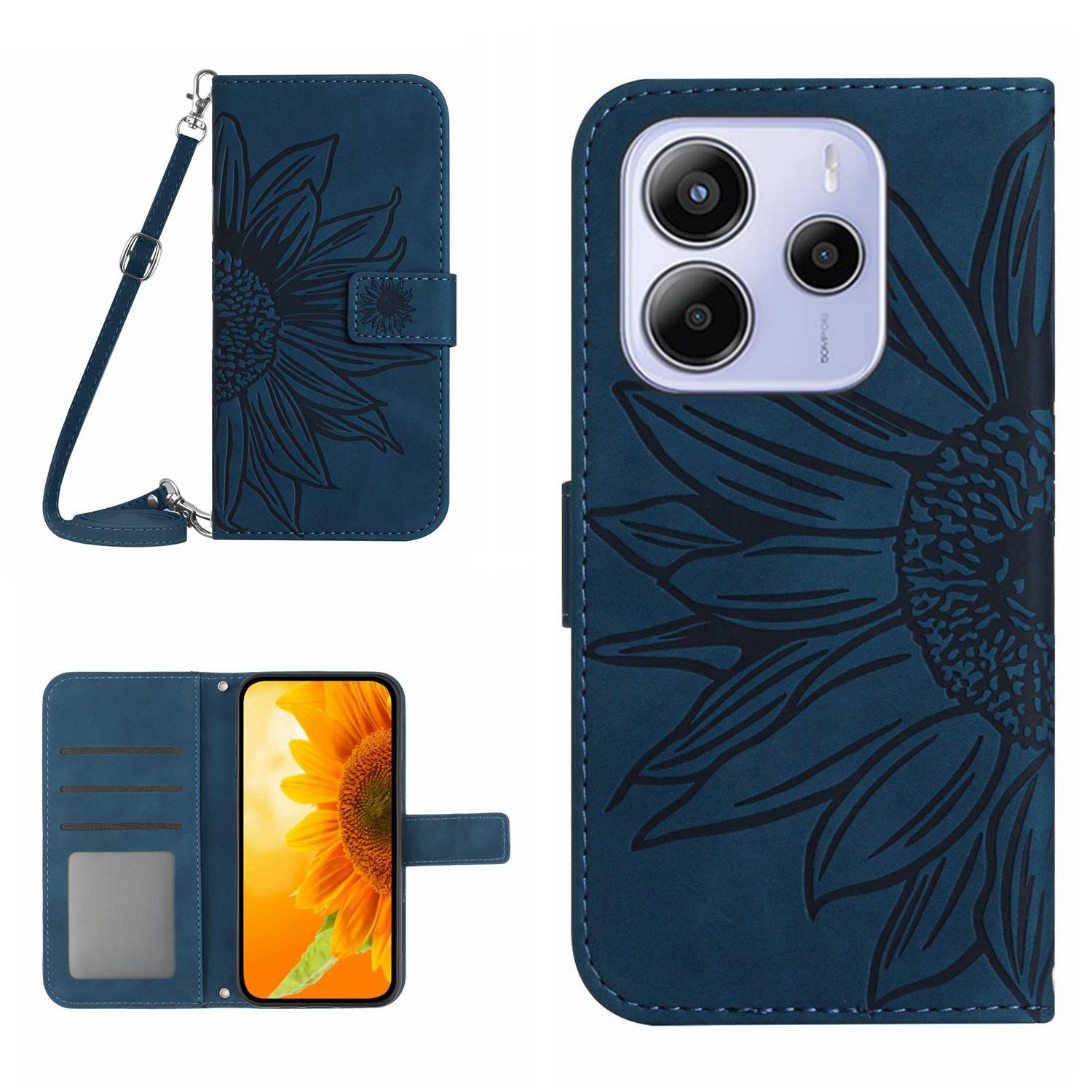

For Xiaomi Redmi Note 14 4G (164.84mm) Case Sunflower Imprint PU Leather Phone Cover with Long Strap Dark Blue
