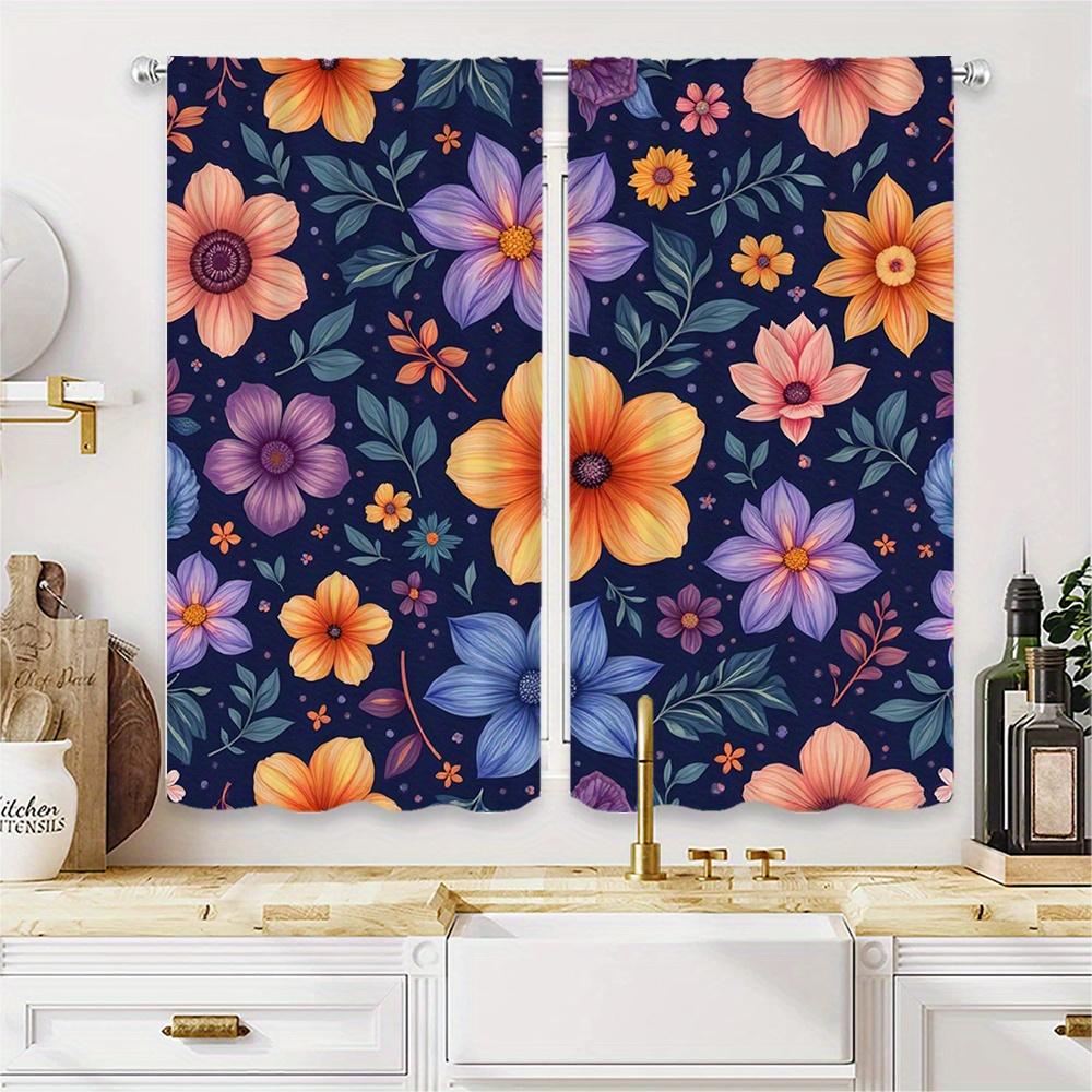 2pcs Floral Curtain Panels - Dark Blue Window Drapes with Orange, Purple, Blue Flowers - Semi-Sheer Light Filtering Window Treat