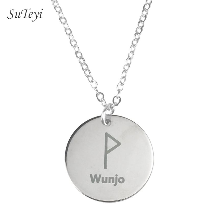 Round 25 Rune Letter Pendant Necklace Silver Color Stainless Steel Disc Viking Necklaces For Women Men