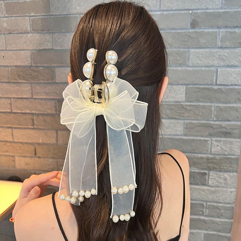 Bows Pearl Large Hair Grab Clip Super Fairy Gauze Ribbon Shark Pin Back Of The Head Female Accessories For Women