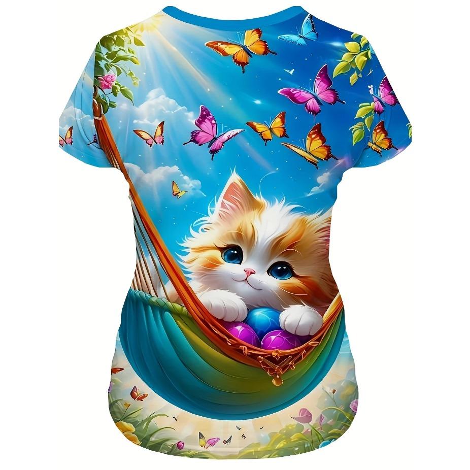 Vibrant Butterfly Print Crew Neck T-Shirt Soft Slight Stretch Polyester Regular Fit Short Sleeve Spring & Summer Womens Casual Clothing