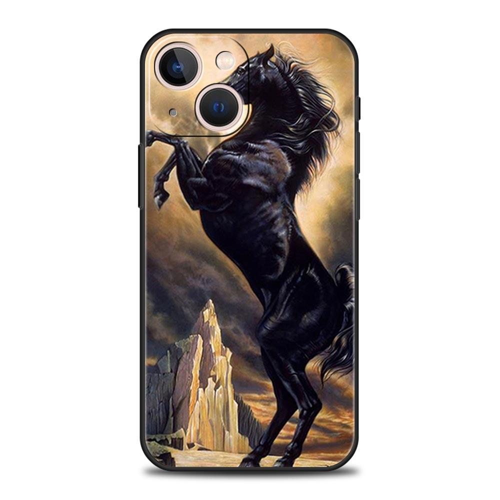 Running Horse Wild Animals Luxury Phone Case For iPhone 13 15 14 12 Mini 11 Pro MAX XR X SE XS 7 8 Plus Black Protection Cover