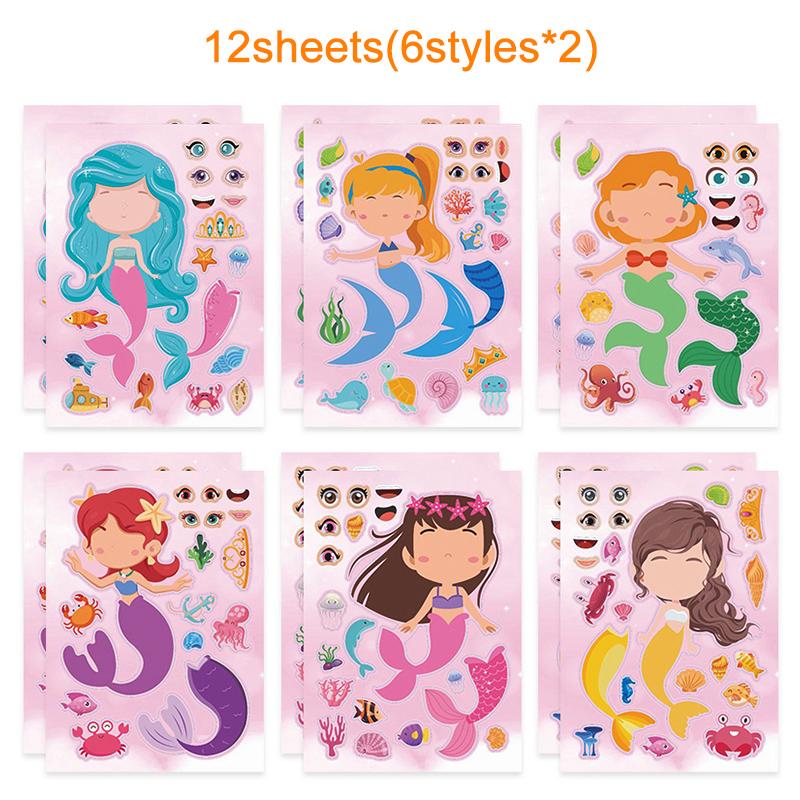 6/12/24 Sheets Little Mermaid DIY Puzzle Stickers Funny Make A Face Assemble Sticker Kids Birthday Party Favors Pinata Filler