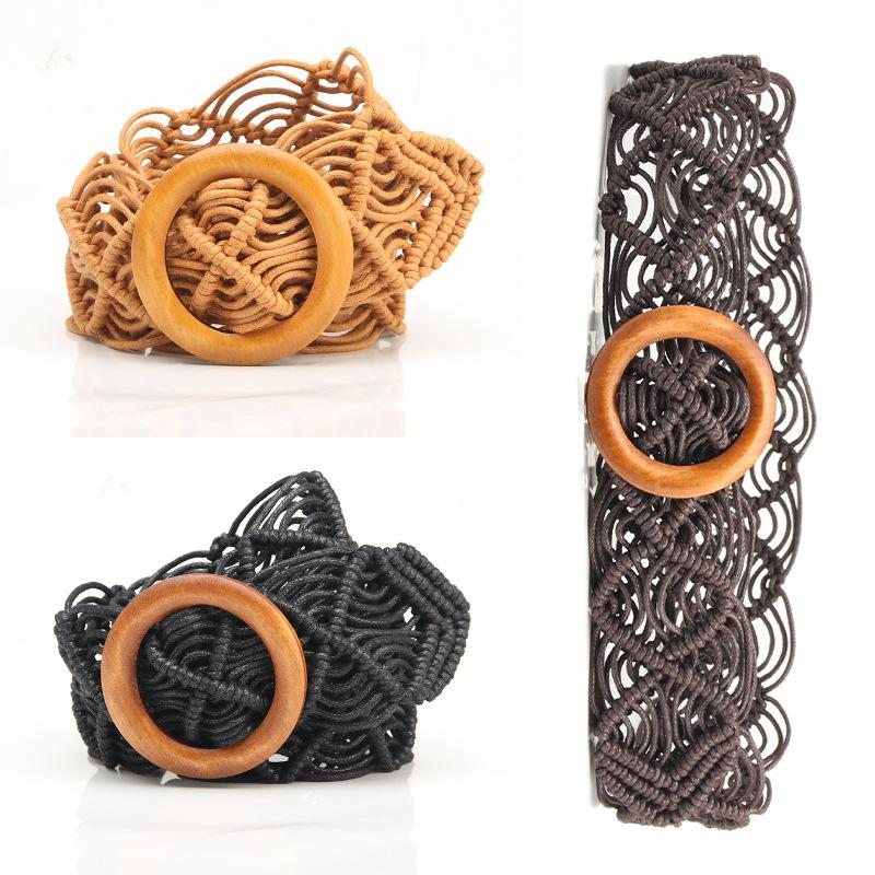 New Ethnic Style Women's Wax Rope Braided Belt Decorative Skirt Belt Hand-woven Hollow Wooden Buckle Belt