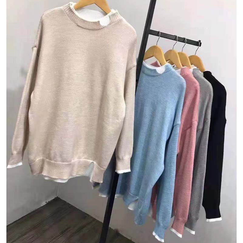 Women Casual Warm O-Neck Soft Knitted Sweater Autumn Winter Long Sleeved Loose Pullovers Fake Two Pieces