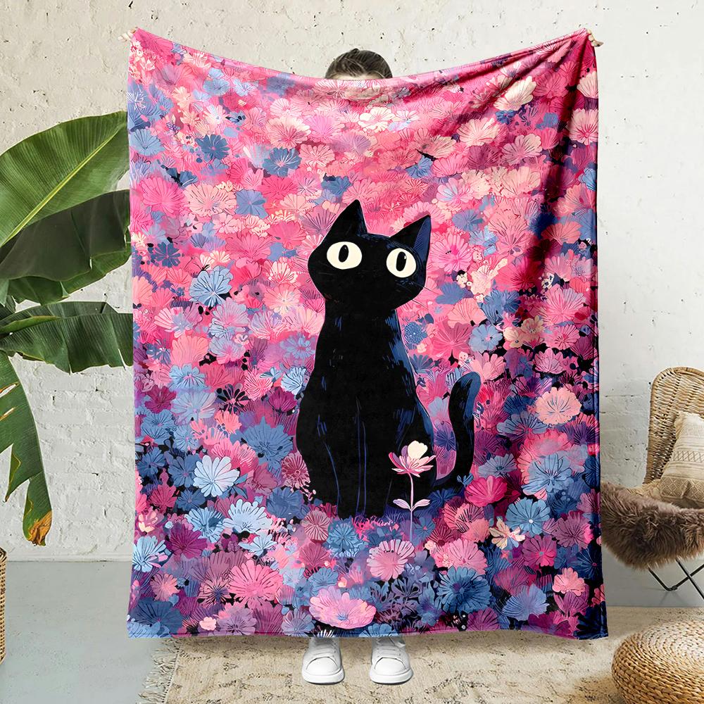 Black Cat In Pink Flower Field Print Blanket Warm Soft Fluffy S and Adult Sofa Bed Throw Blanket Outdoor Travel Camping RV