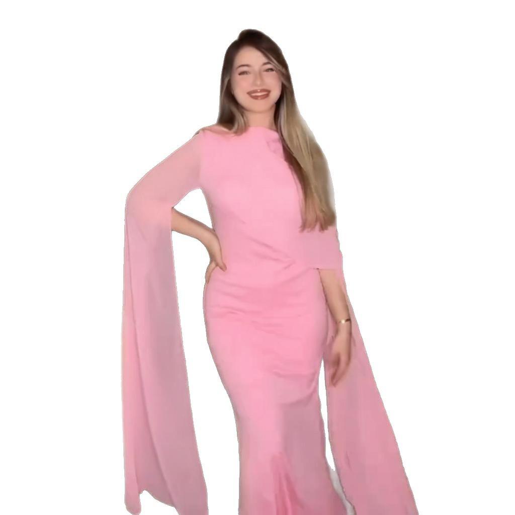 2025 Summer Women's European & American Shawl Dress: Round Neck, Fashionable, Solid Color, Long Dress