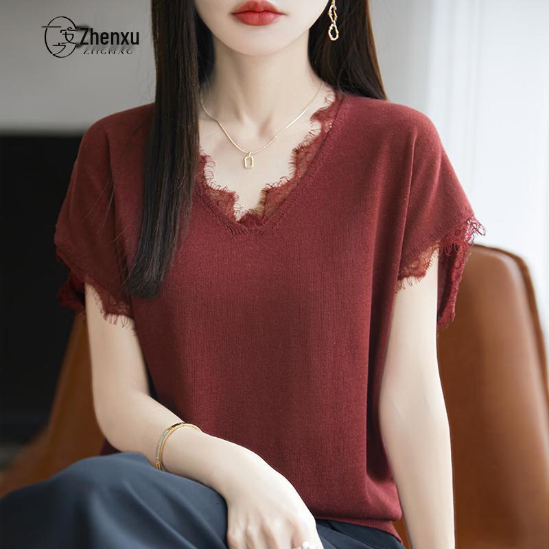 Zhenxu Women's Lyocell-Linen Lace V-Neck Knit Top