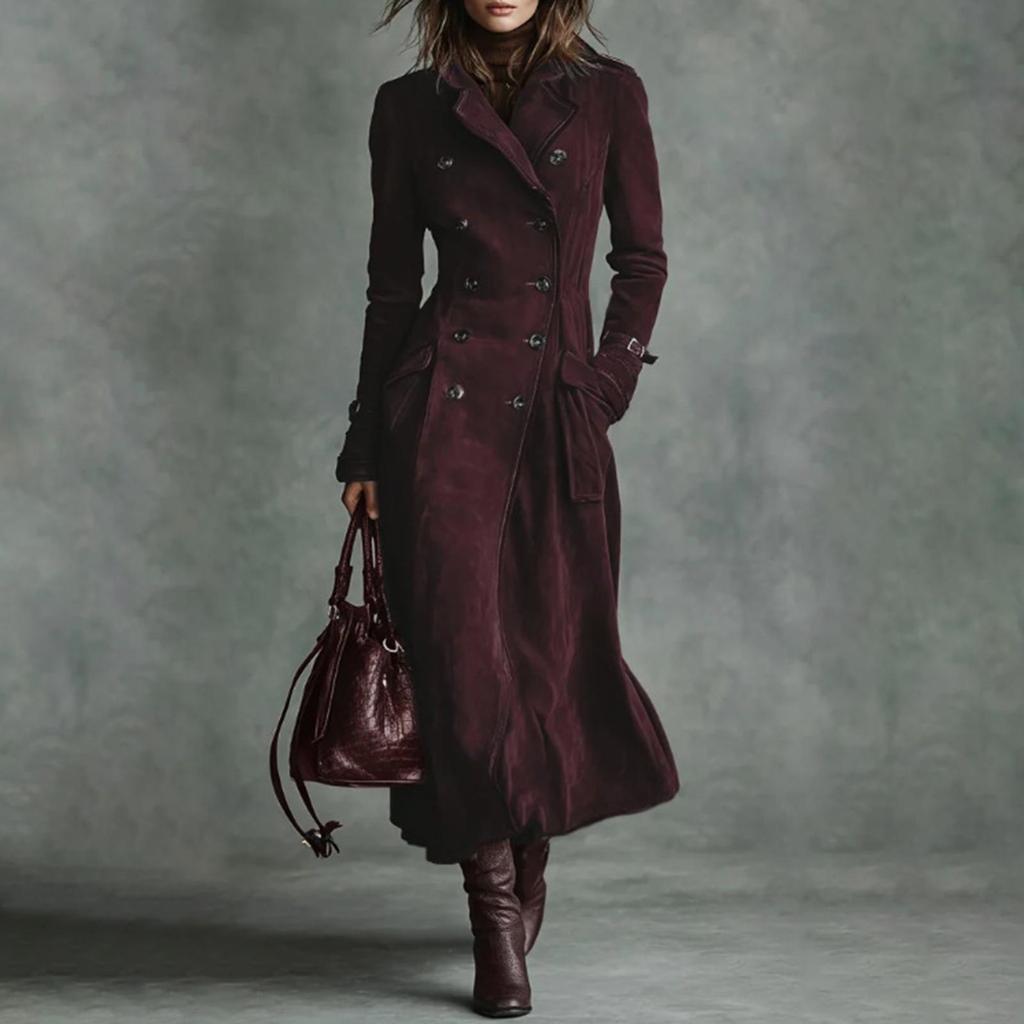 Cappotto Elegante da Donna a Maniche Lunghe con Collo e Giacca Antivento Lunga in Pelle Scamosciata Colorata