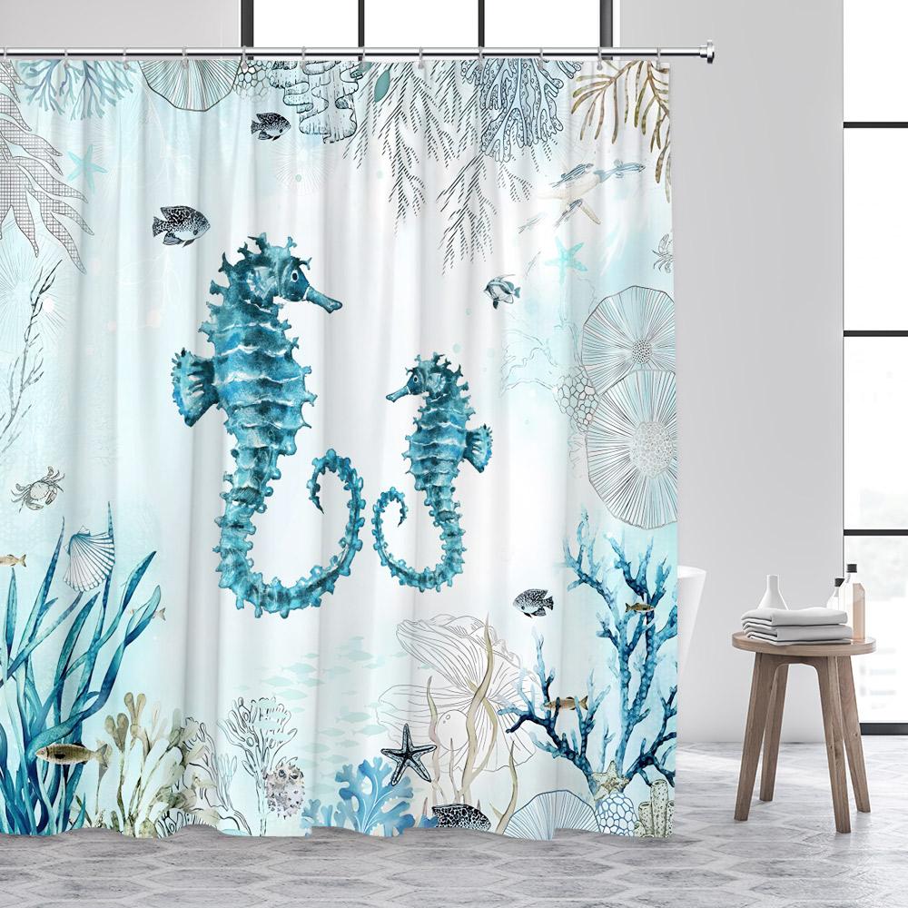 Ocean Sea Turtle Shower Curtain Seahorse Starfish Seagrass Fish Animals Underwater Scenery Fabric Bathroom Curtains Decor Set