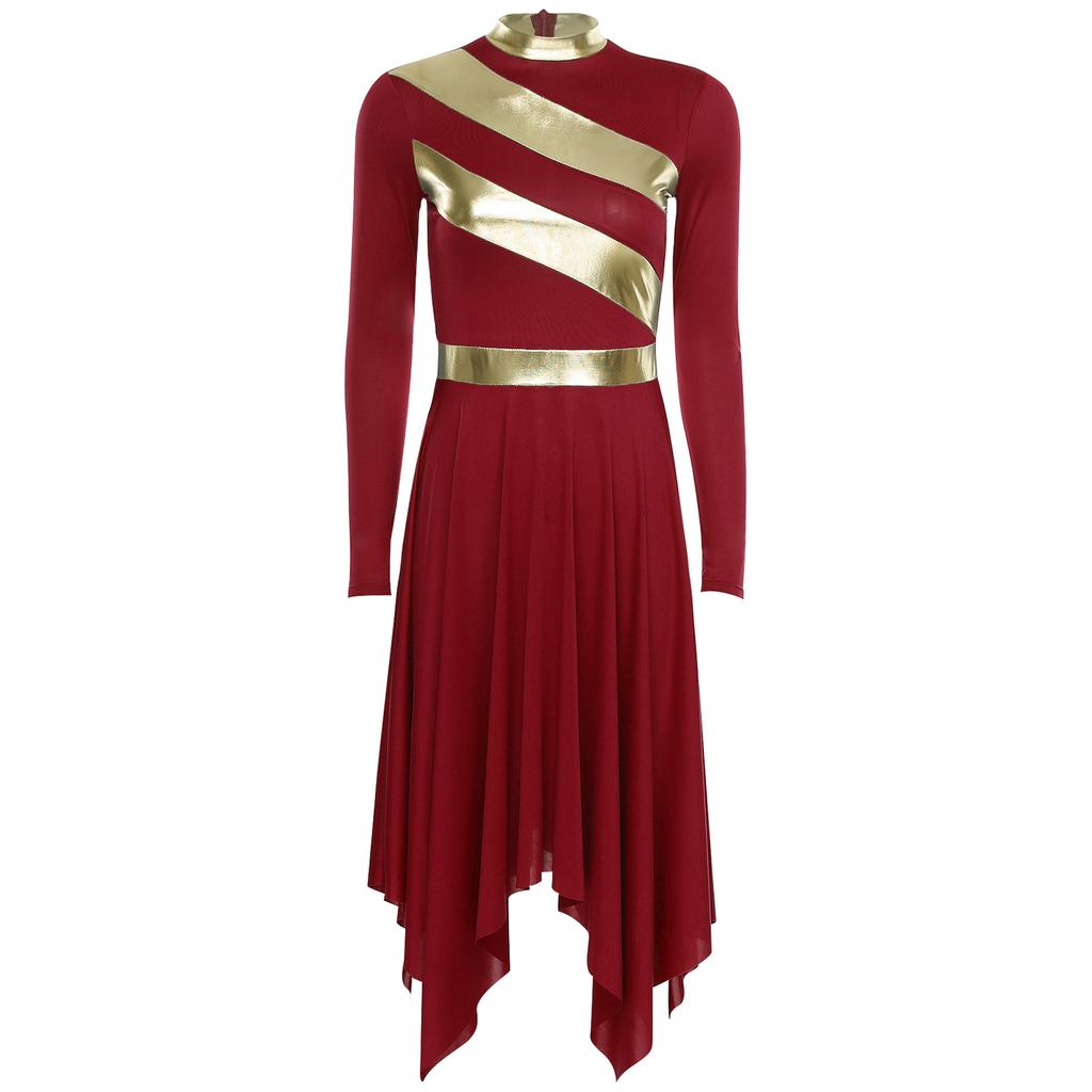 Womens Worship Dance Dress Metallic Patchwork Long Sleeve Irregular Hem Tunic Lyrical Performance Gown