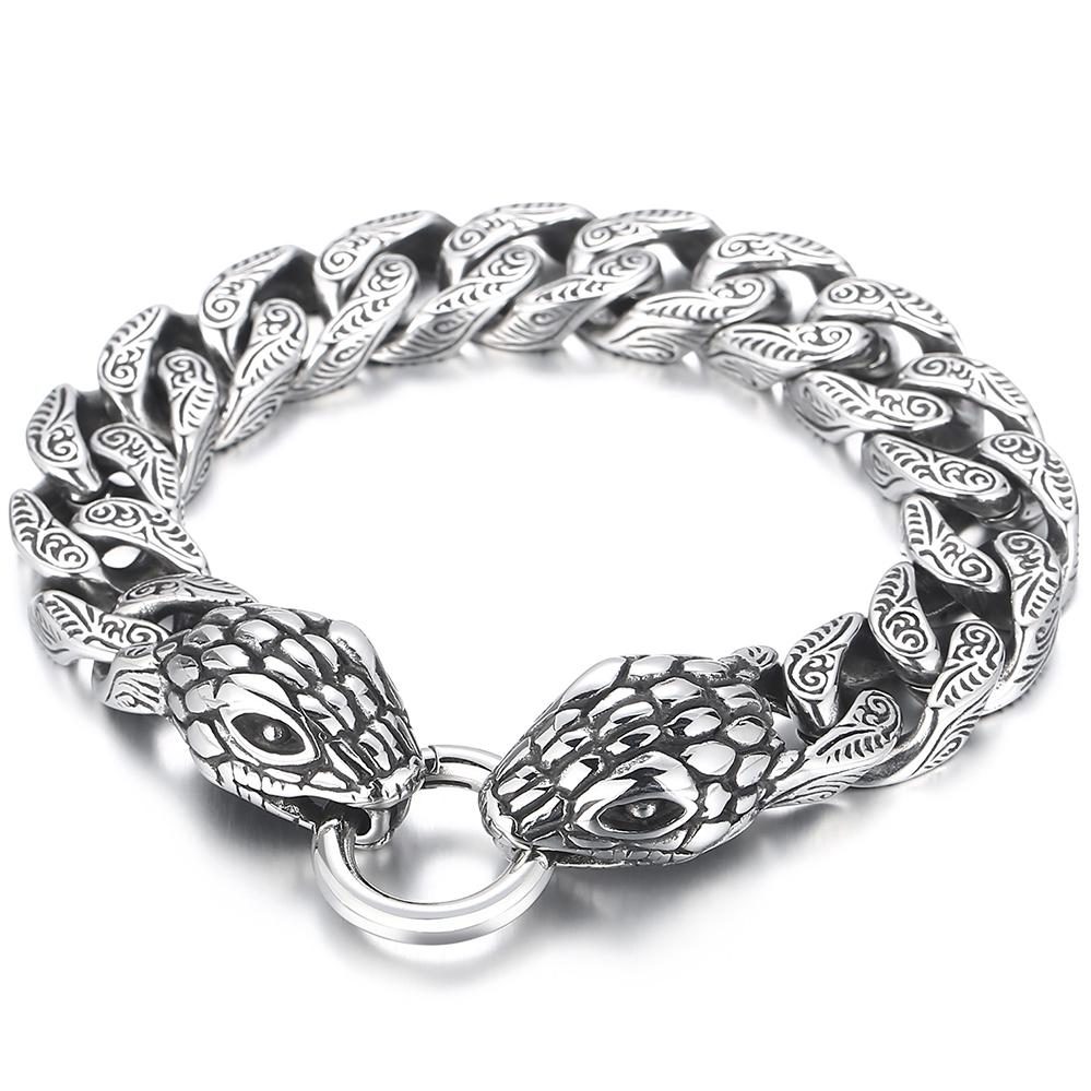 Cool Men's Snake Head Bracelet for Man Male Arm Rings Vintage 15MM Stainless Steel Curb Link Chain Bikers' Jewelry Accessory