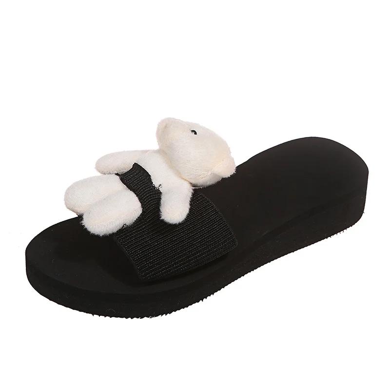 Fashion 2025 Summer Cute Bear Decor Slippers for Women Fashion Med Heel Wedges Sandals Woman Daily Outside Non Slip Slides Mujer