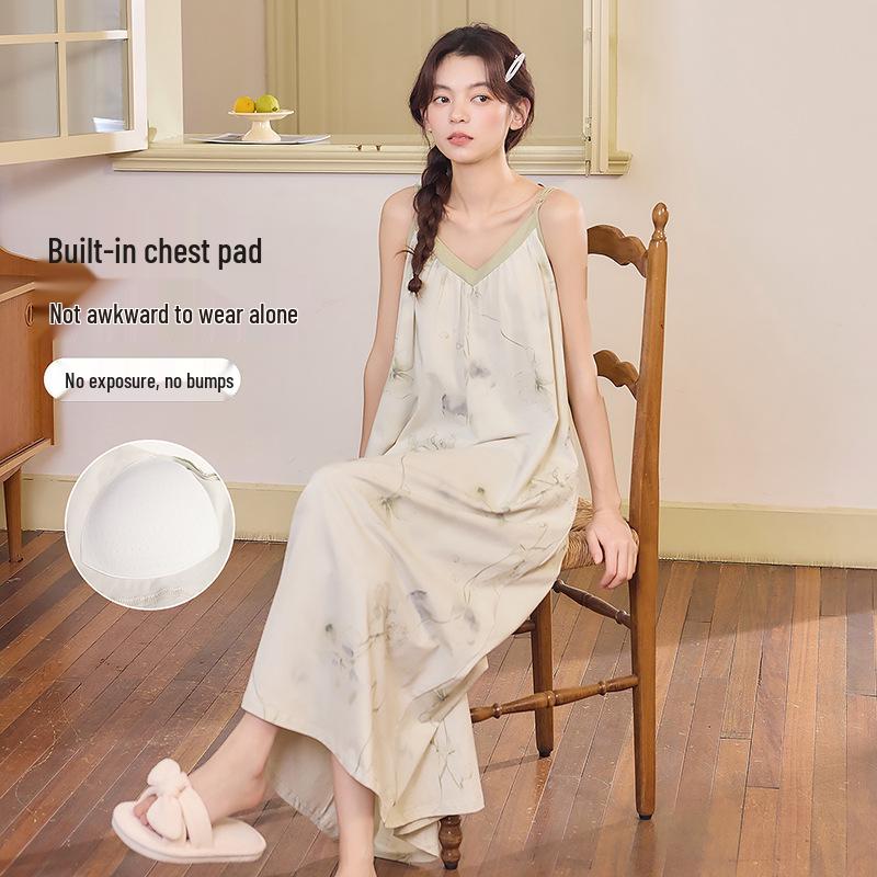 Women s Summer Lace-up Cotton Camisole Nightgown with Built-in Bra Size XXL