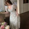 Patchwork Print Chiffon Dress Super Fairy French V-neck Short Sleeve Floral Dress Mid-length Waist Skirt Peplum Bubble Sleeve Dresses
