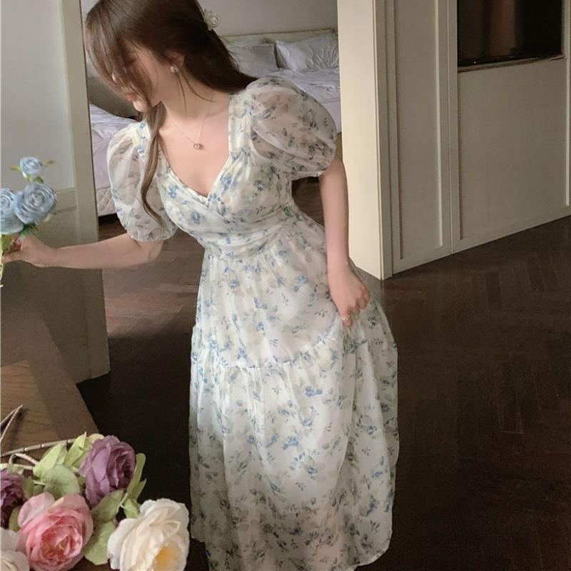 Patchwork Print Chiffon Dress Super Fairy French V-neck Short Sleeve Floral Dress Mid-length Waist Skirt Peplum Bubble Sleeve Dresses
