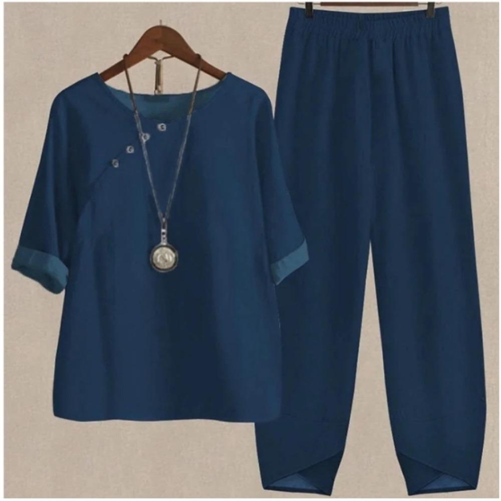Women's Casual Two-Piece Floral Print Outfit Five-Point Sleeve Tops and Elastic Waist Pants Set