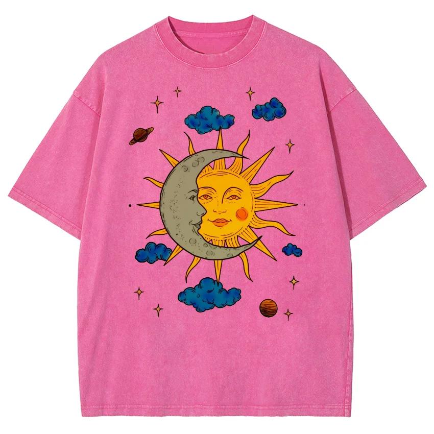 Men's Moon and Sun Printed T-shirt Oversized Short Sleeved Retro Washed Shirt Summer Top