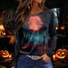 Women's Long Sleeve Round Neck Top with Halloween Print and Side Split Hem