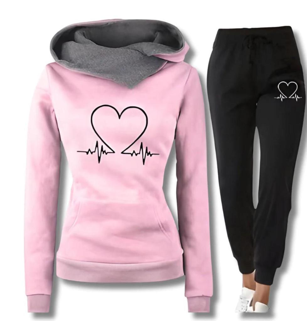 Women's Heartbeat Print Hoodie & Sweatshirt Set - Casual Sportswear for Spring & Autumn