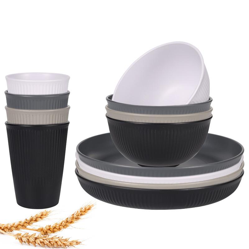 12 ks Sada nádobí ze pšeničné slámy Nerozbitná sada talířů a misek Opakovaně použitelné sady nádobí Vhodné do myčky a mikrovlnné trouby