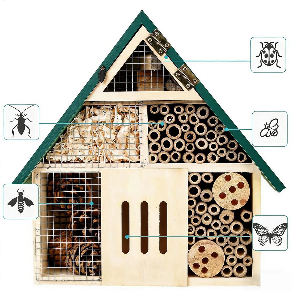 Insect Hotel Bee House Wooden Weatherproof Ladybug House Hanging Butterfly Shelter Solitary Bee Habitat for Garden Yard Balcony