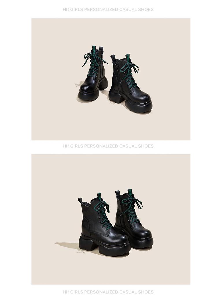 Women's Genuine Leather British-Style Ankle Boots - Versatile Autumn/Winter Fashion with Thick Sole and Inner Height Adjustment