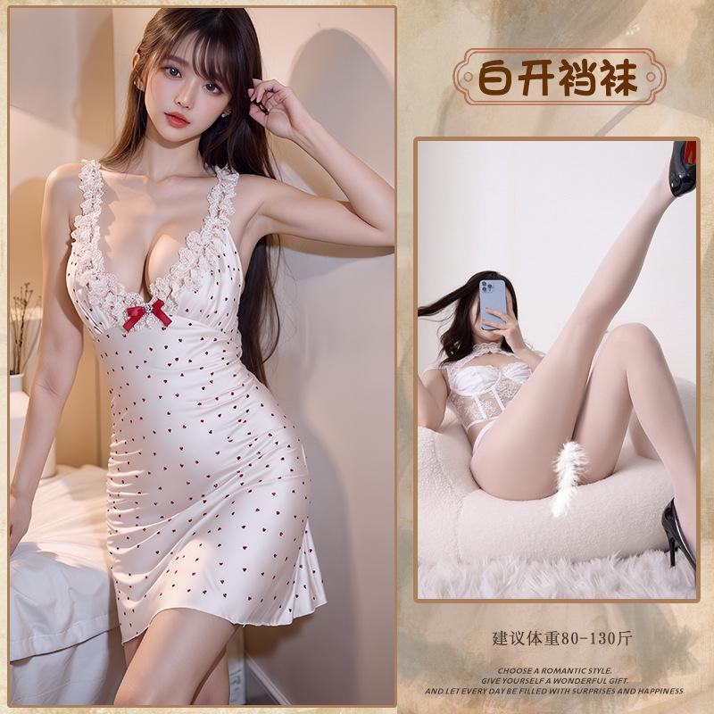 Sexy lace suspender nightdress French love polka dot bow pure lust girl sex pajamas