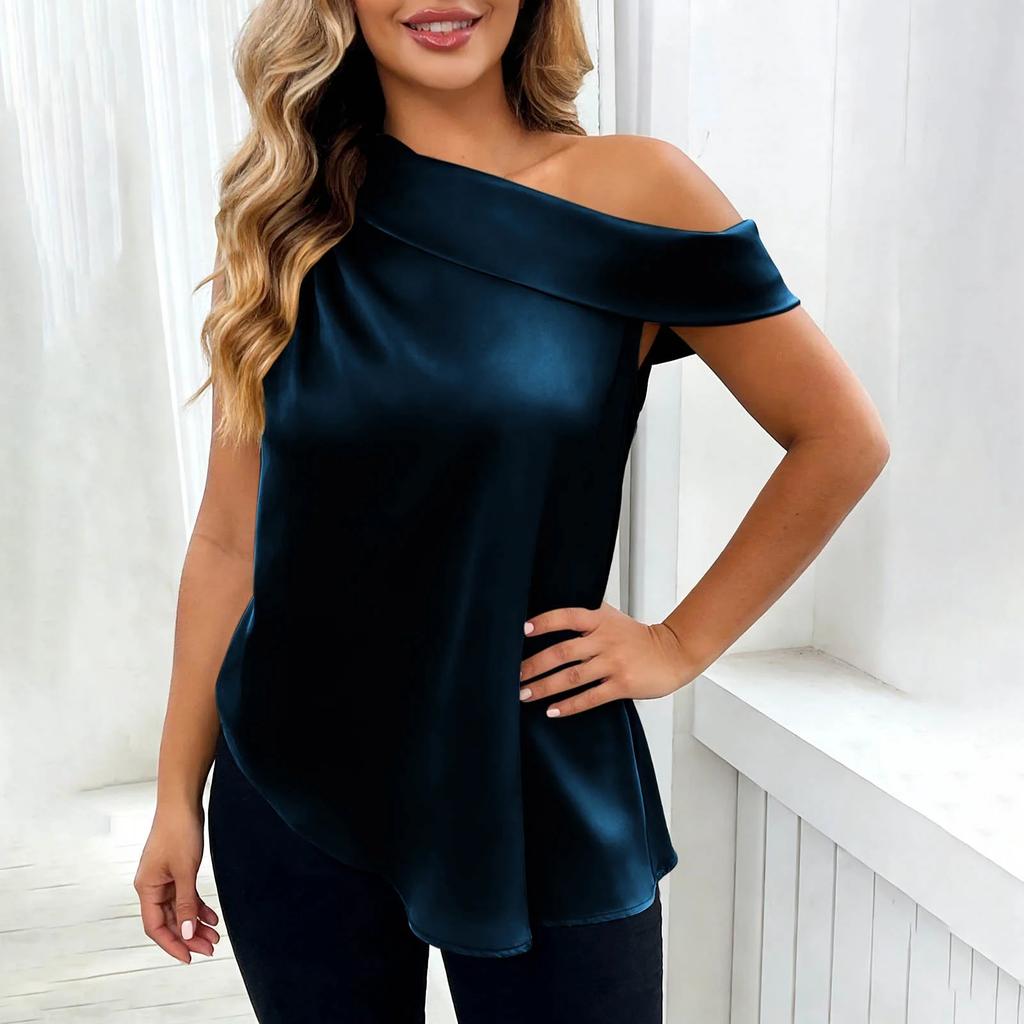 Women’s Fashionable Casual Plain Off-the-Shoulder Satin Sleeveless Asymmetrical Hem T-Shirt Top