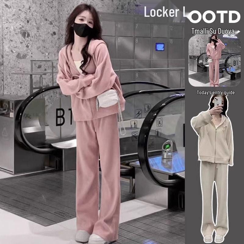 Women s Stylish Hooded Sweatshirt  Wide-Leg Pants Petite Two-Piece Set for Spring/Autumn 5XL бежевый