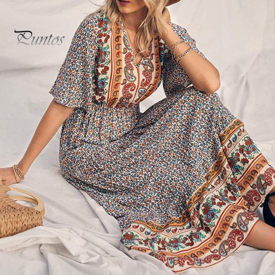 Women Dress Ethnic Bohemian Style Printing V Neck Short Sleeves Elastic Waist Pleated Patchwork A-line Maxi Dress Summer Vacation Beach Dress