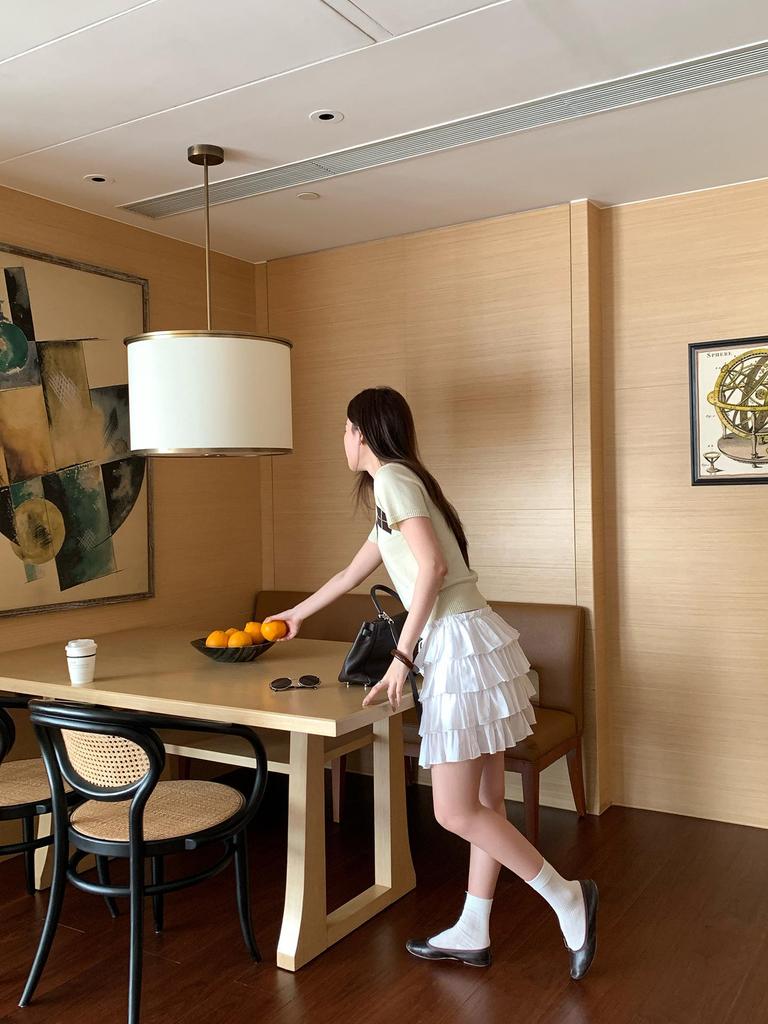 Qiumeng DT ETOLIE Korean Style White Women's Elastic Waist Puffy Casual Short Skirt