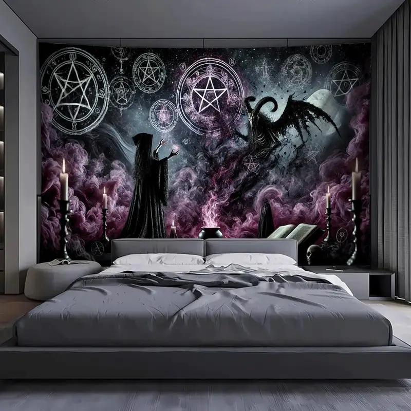 Tapestry s pentagramem čarodějnice a démona, závěs na zeď do ložnice, obývacího pokoje, koleje, gotická, okultní, temná estetika, domácí dekorace