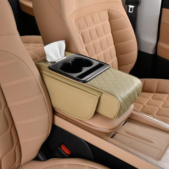 Yousheng Multifunctional Car Armrest Box Faux Leather Armrest Organizer Mat Center Console Cover with Side Pockets Cup Holder Phone Slot Tissue Box