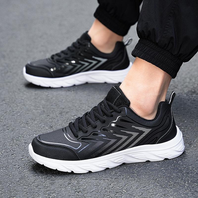 New spring black running shoes men's leather sneakers waterproof and non-slip casual travel shoes