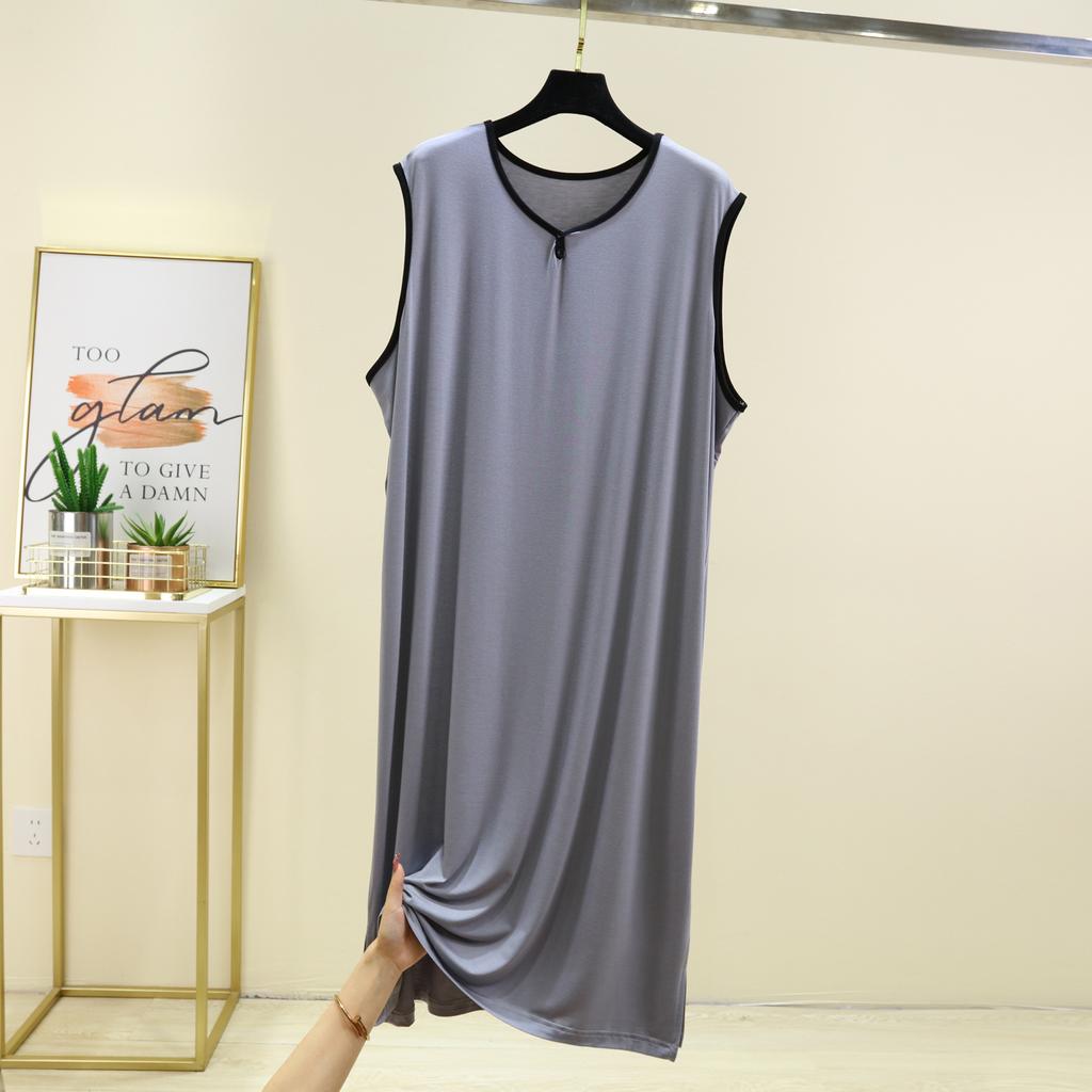 Men Modal Cotton Men Plus Size Night Gown for Summer Solid Color Thin Sleeveless Medium Long Loose Button Vest Style Dress