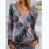 Womens V Neck Zipper Blouse Shirt Ladies Print Pullover Casual Jumper Tops Boho