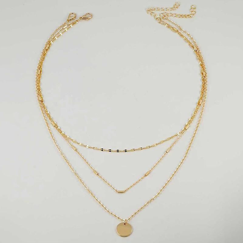 2pcs Fashionable Round Pendant Beaded Layered Gold-Tone Women Necklace