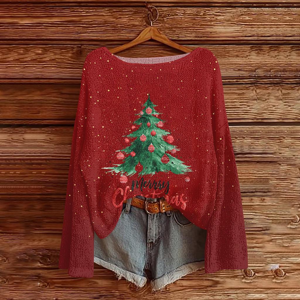 Women's Fashion Christmas Print Lightweight Sweater Casual Long-Sleeve Knit Pullover Top
