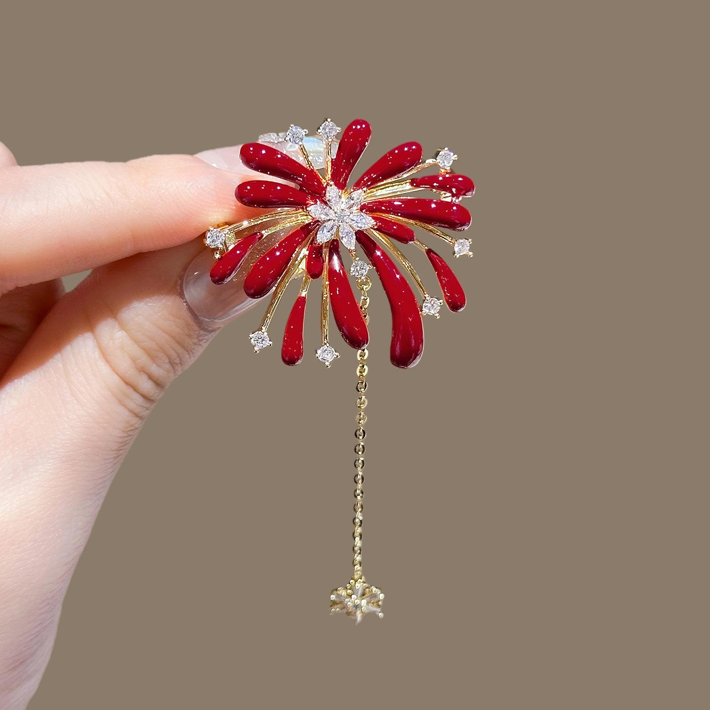French retro style red dripping zircon fireworks fringed brooch light luxury pin clothing accessories