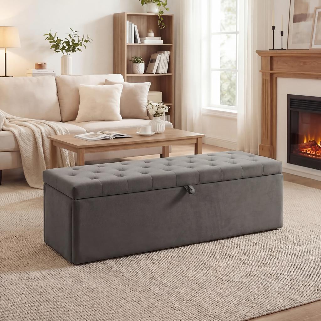 Storage Pouffe, Storage Bench 141L 137x41x42 cm Upholstered in Velvet Storage Chest Load 240 kg Grey